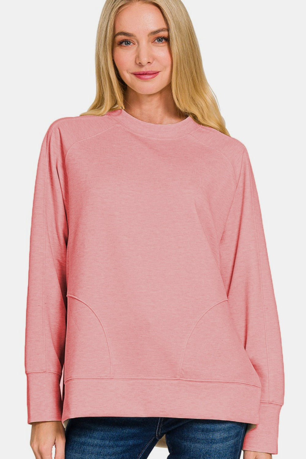 Zenana Scuba Round Neck Side Slit Sweatshirt  Trendsi   