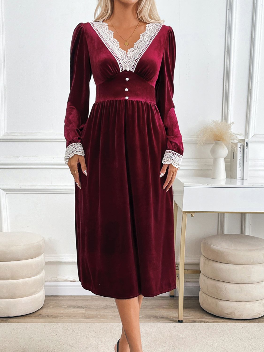 Perfee Lace Detail V-Neck Long Sleeve Midi Dress  Trendsi   