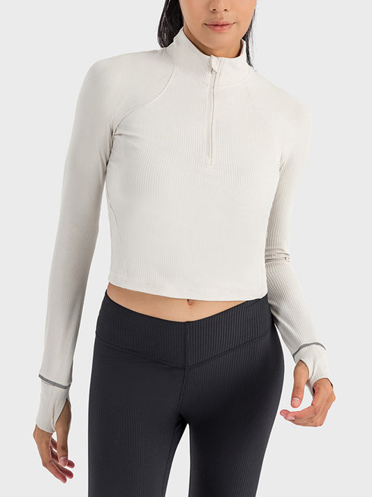 Millennia Mock Neck Half Zip Long Sleeve Sport Top  Trendsi White 4 