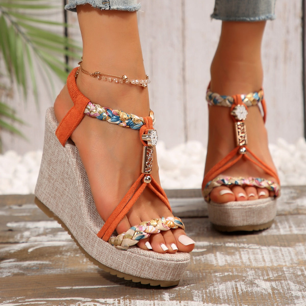 Braided Strap Wedge Sandals  Trendsi Orange 36(US5) 