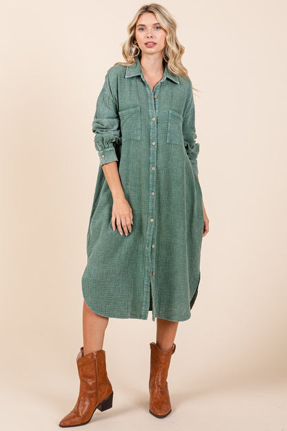 Mittoshop Mineral Wash Cotton Gauze Midi Shirt Dress  Trendsi   