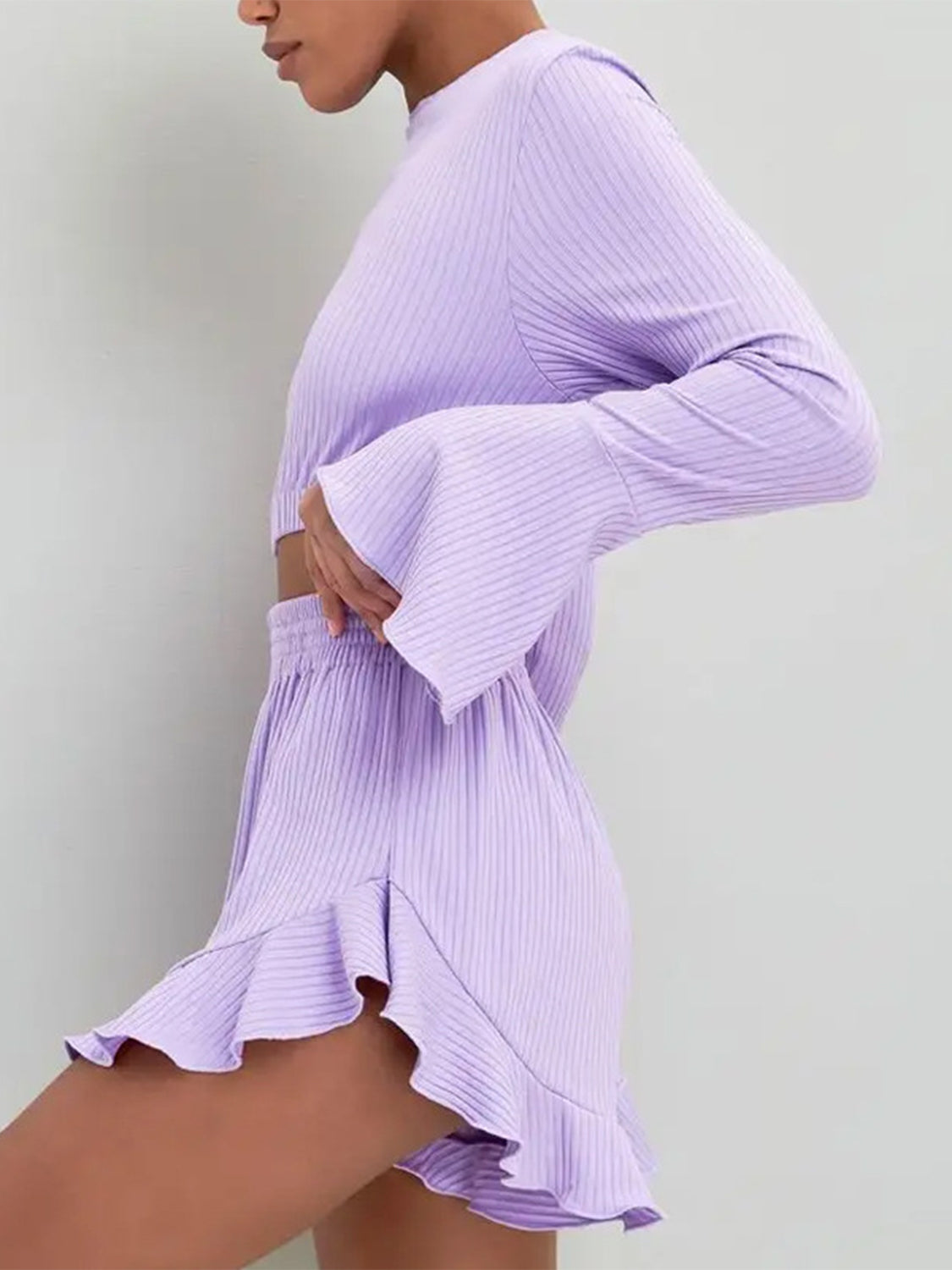 Round Neck Long Sleeve Top and Ruffled Shorts Set  Trendsi   