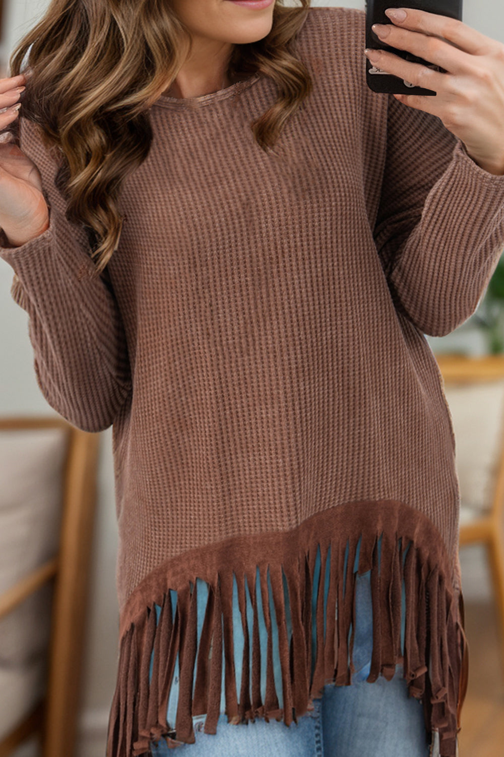 Fringe Round Neck Long Sleeve Top Blouse Trendsi Brown S 