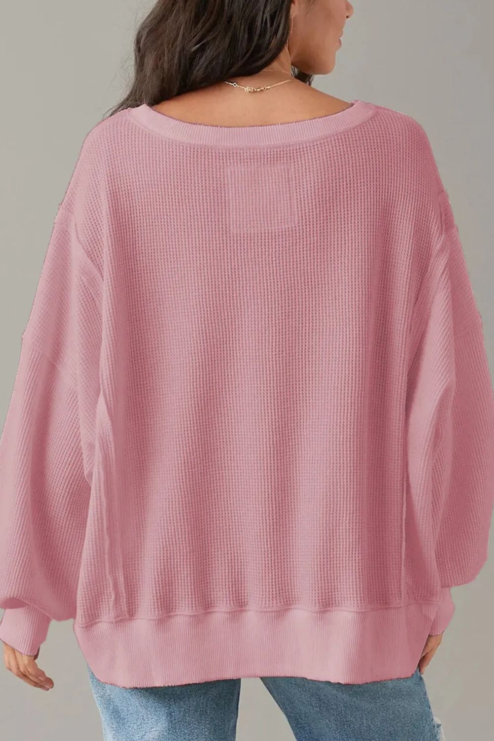 Slit Waffle-Knit Round Neck Long Sleeve Top Blouse Trendsi   