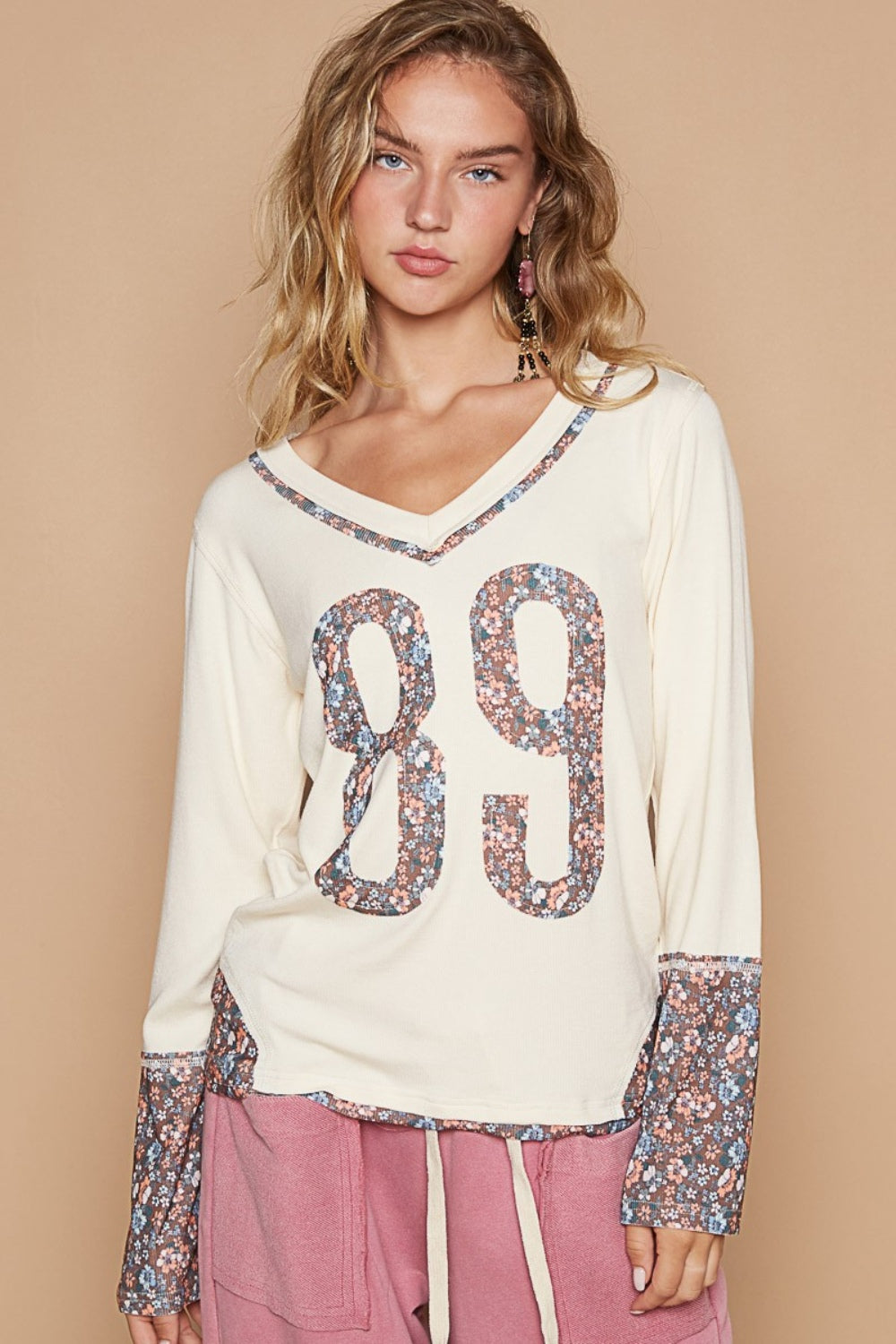 POL V-Neck Long Sleeve Floral Number Patch T-Shirt  Trendsi Butter Milk S 