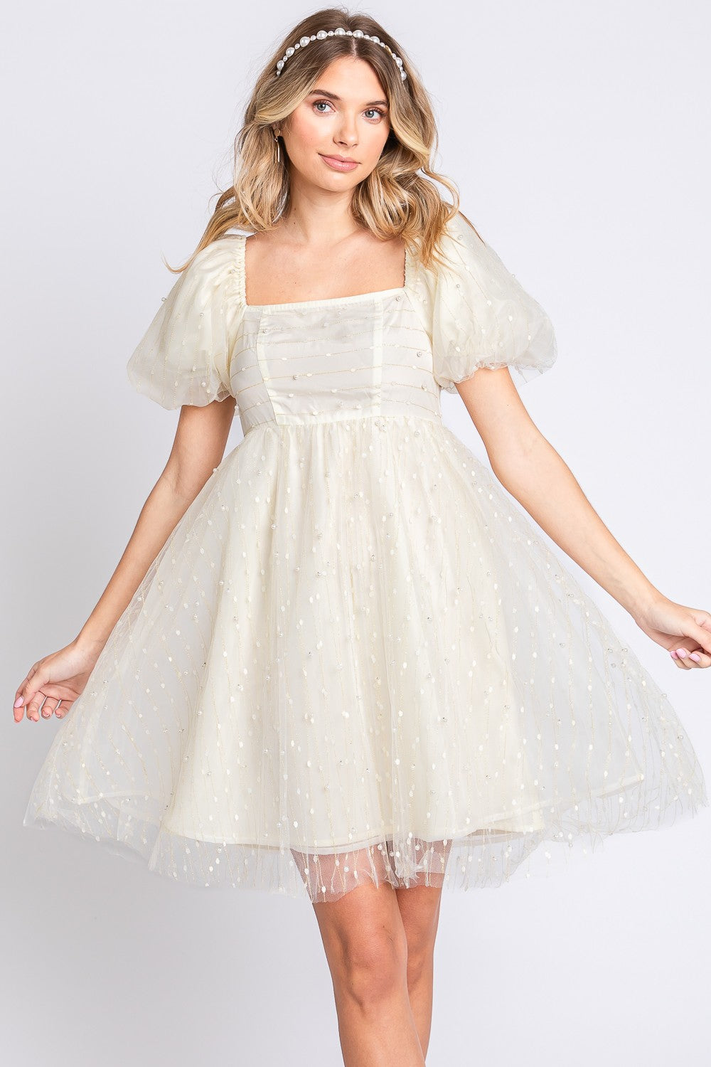 GeeGee Pearl Mesh Puff Sleeve Babydoll Dress  Trendsi   