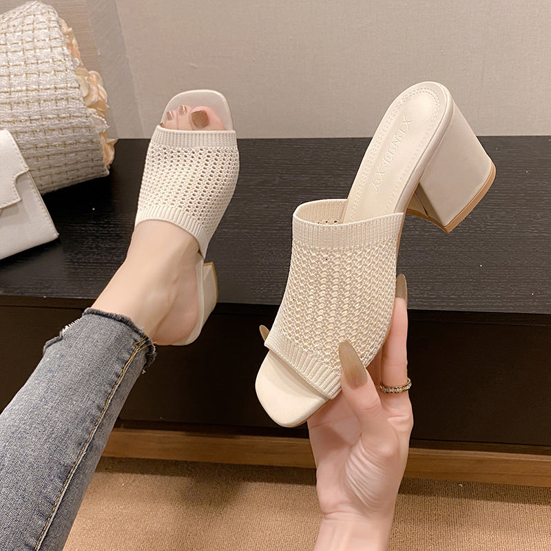 Block Heel Knit Sandals  Trendsi Ivory 35(US4) 