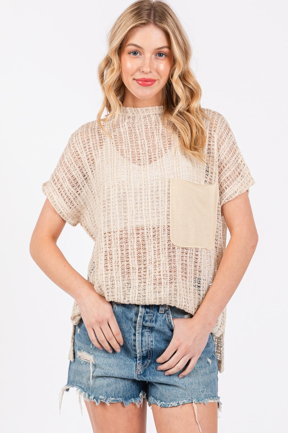 Ces Femme See Through Crochet Mock Neck Cover Up  Trendsi   