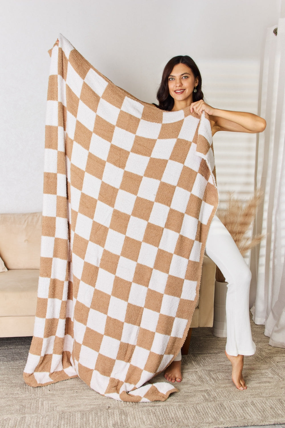 Cuddley Checkered Decorative Throw Blanket  Trendsi Caramel One Size 