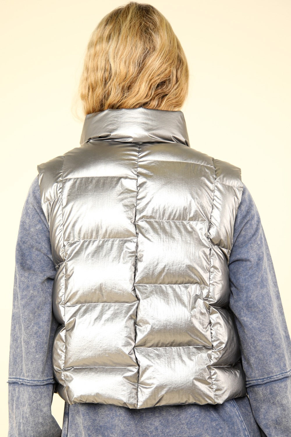 VERY J Shiny Metallic Zip Up Puffer Vest Luxe Trendsi   