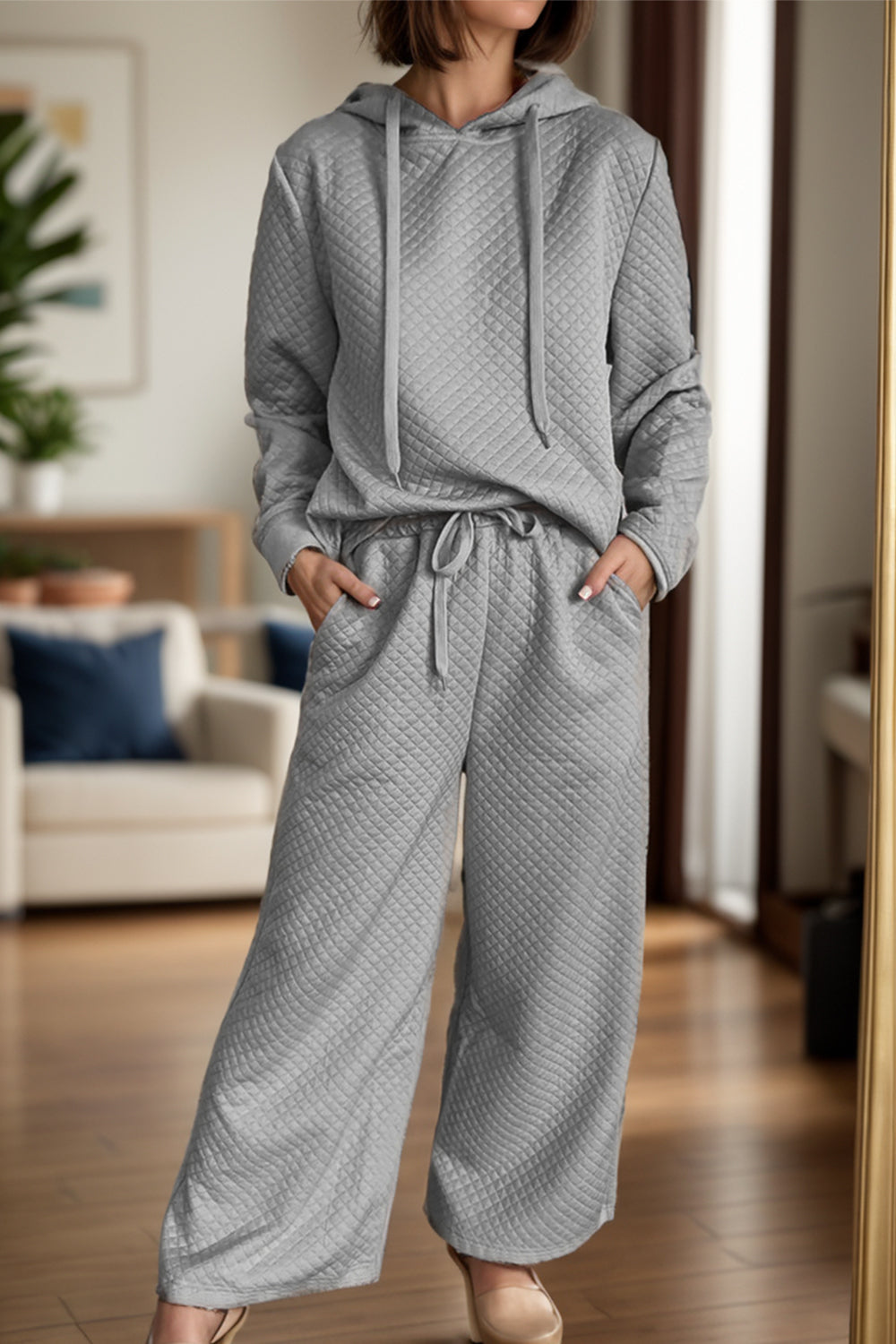 Drawstring Long Sleeve Hooded Top and Pants Set  Trendsi Gray S 