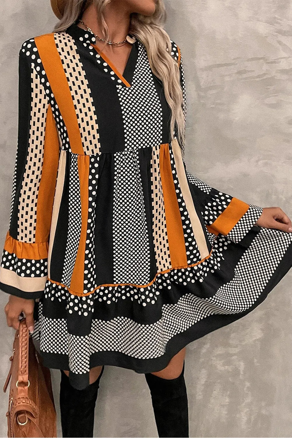 Printed Notched Long Sleeve Mini Dress  Trendsi   