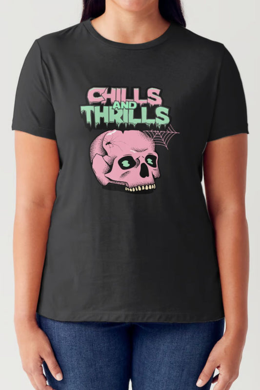 Simply Love Full Size CHILLS AND THRILLS Short Sleeve Tubular T-Shirt T-Shirt Trendsi Black S 