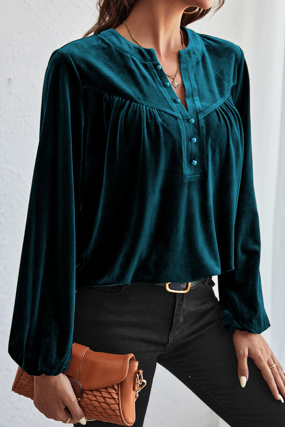 Ruched Decorative Button Notched Blouse Blouse Trendsi   