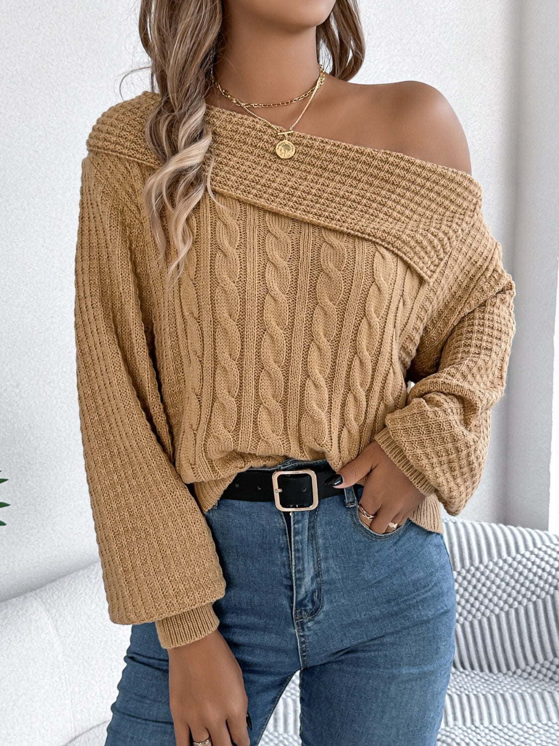 Cable-Knit One Shoulder Long Sleeve Sweater  Trendsi   