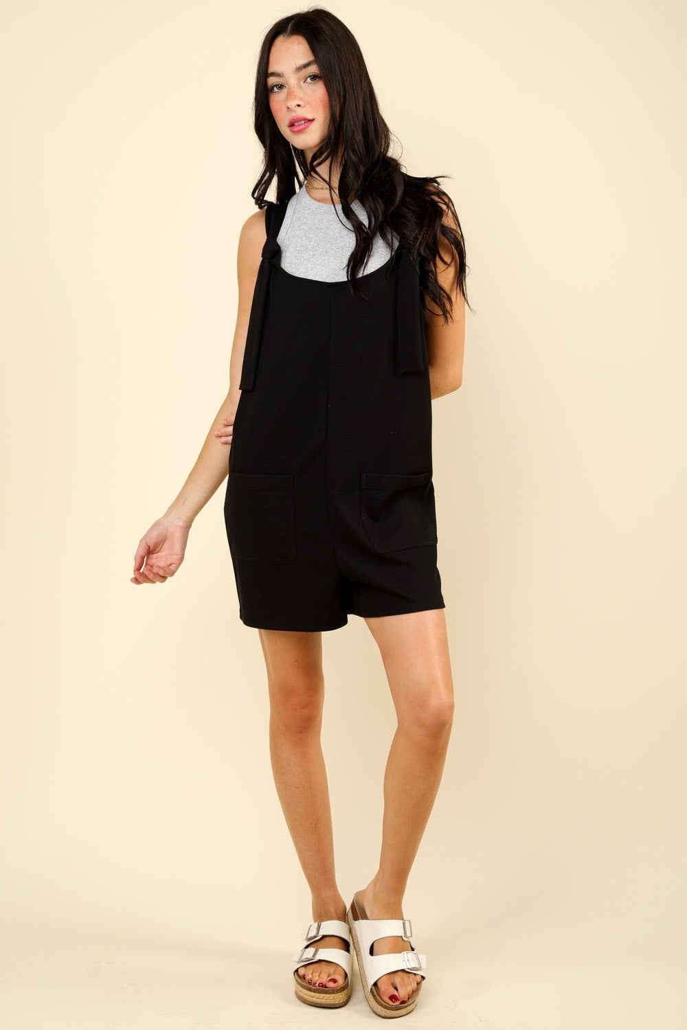 VERY J Tie Shoulder Front Pocket Romper  Trendsi   