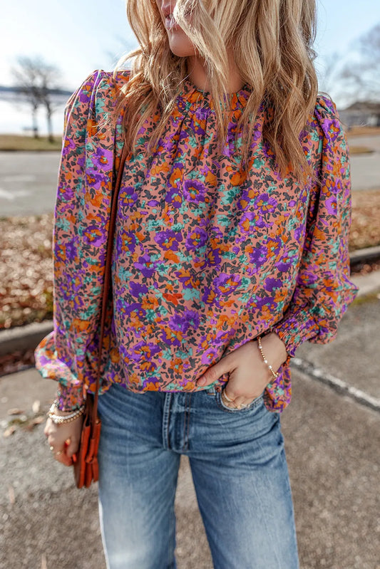 Floral Round Neck Long Sleeve Blouse Blouse Trendsi Purple S 