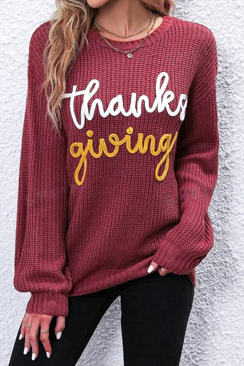 THANKSGIVING Round Neck Long Sleeve Sweater  Trendsi Burgundy L 