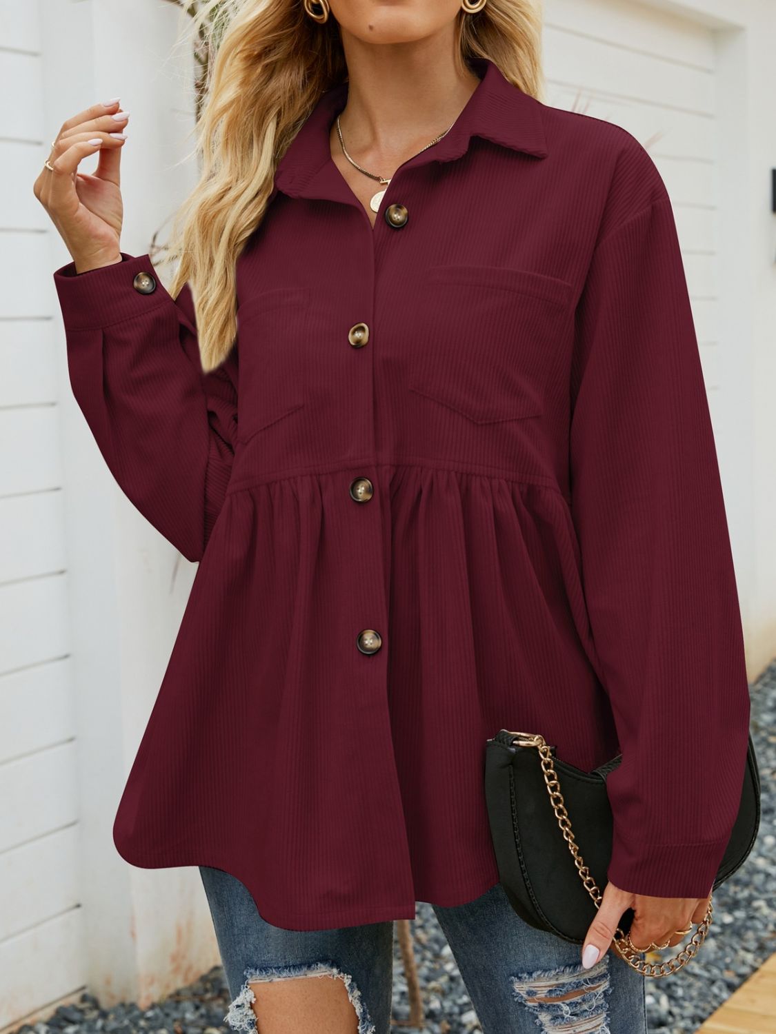 Mandy Button Up Long Sleeve Shirt  Trendsi Burgundy S 