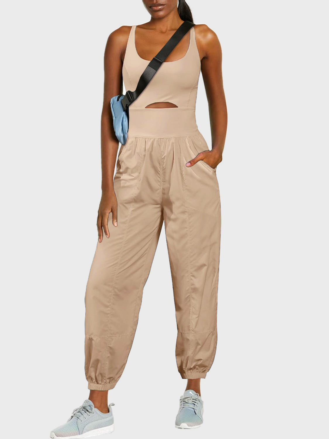 Cutout Scoop Neck Wide Strap Jumpsuit  Trendsi Tan S 