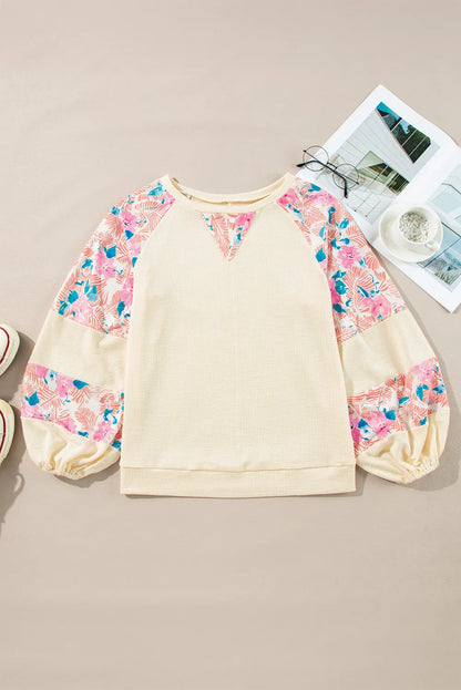 Printed Round Neck Balloon Sleeve Blouse Blouse Trendsi   