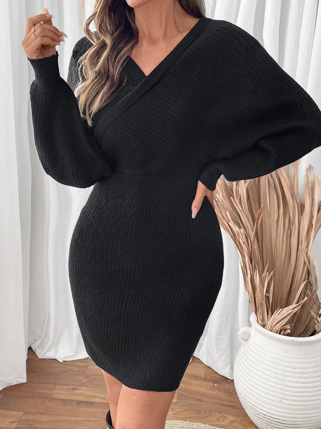 Perfee Surplice Long Sleeve Sweater Dress  Trendsi   