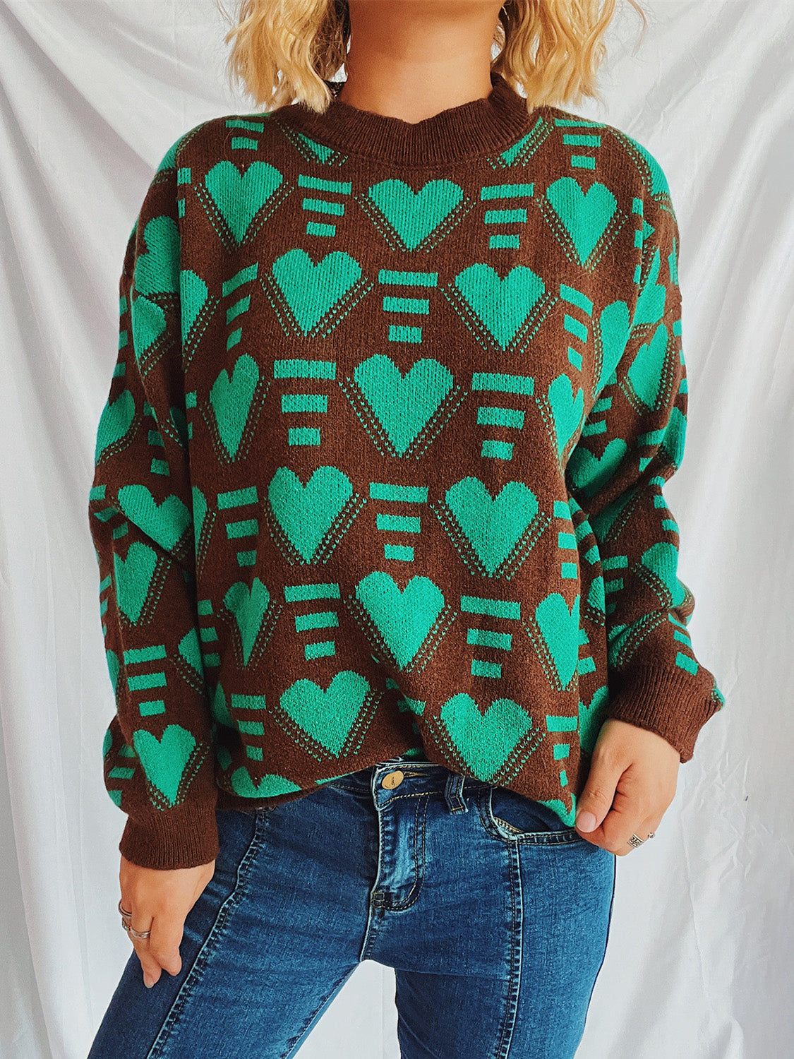 Heart Contrast Long Sleeve Dropped Shoulder Sweater  Trendsi Brown One Size 