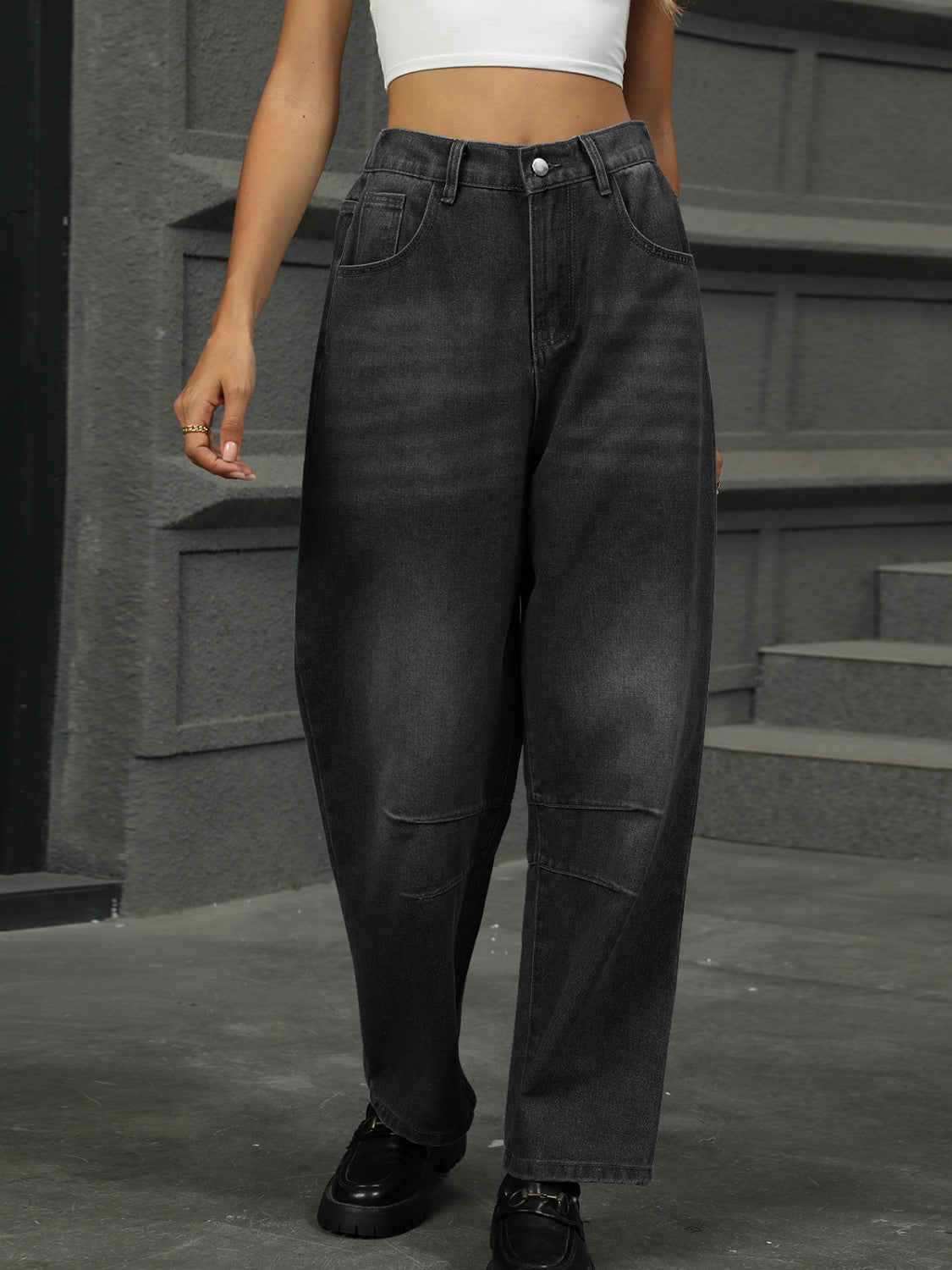 Half Elastic Waist Straight Leg Jeans