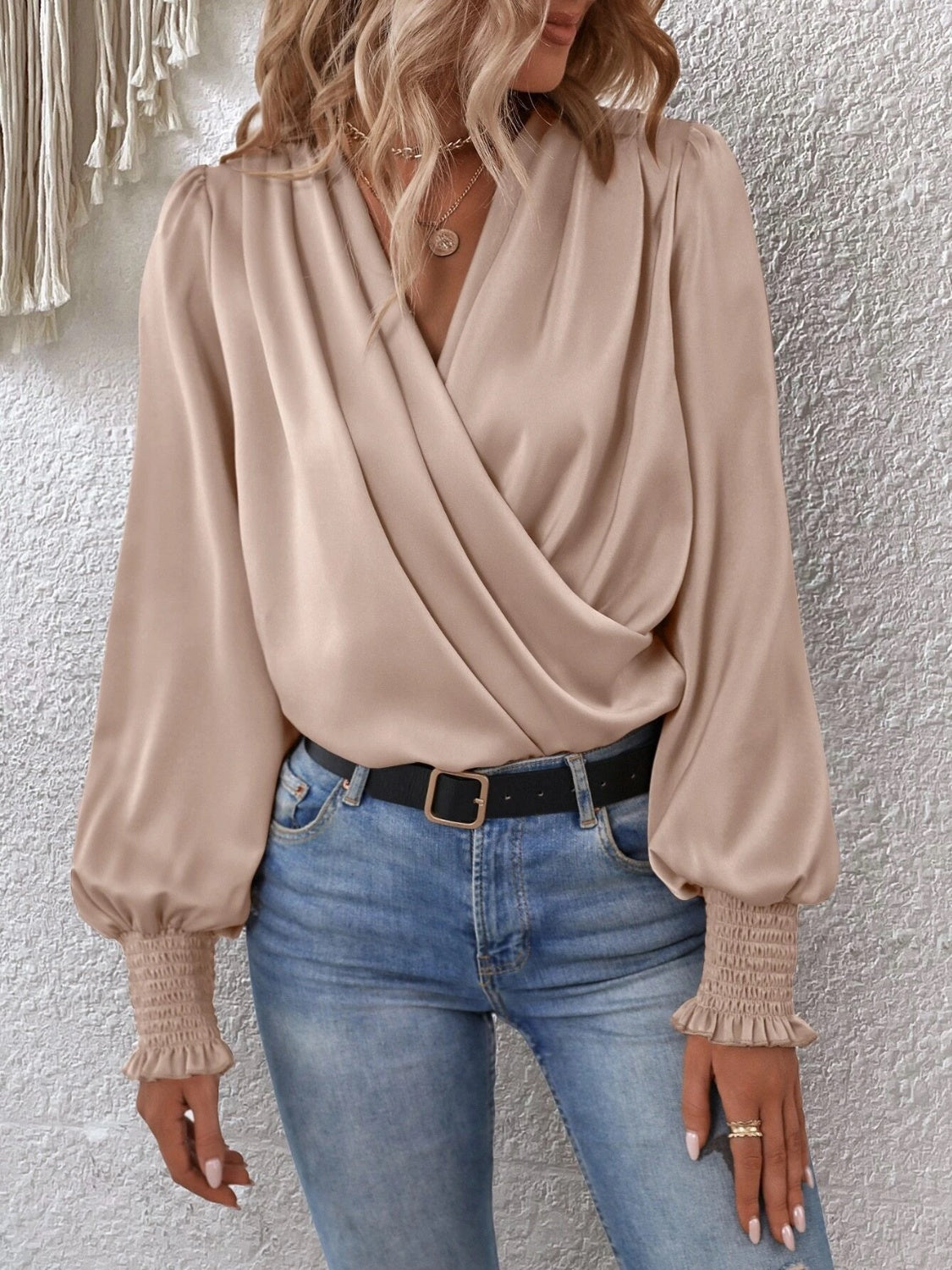 Surplice Smocked Lantern Sleeve Blouse Blouse Trendsi Tan S 