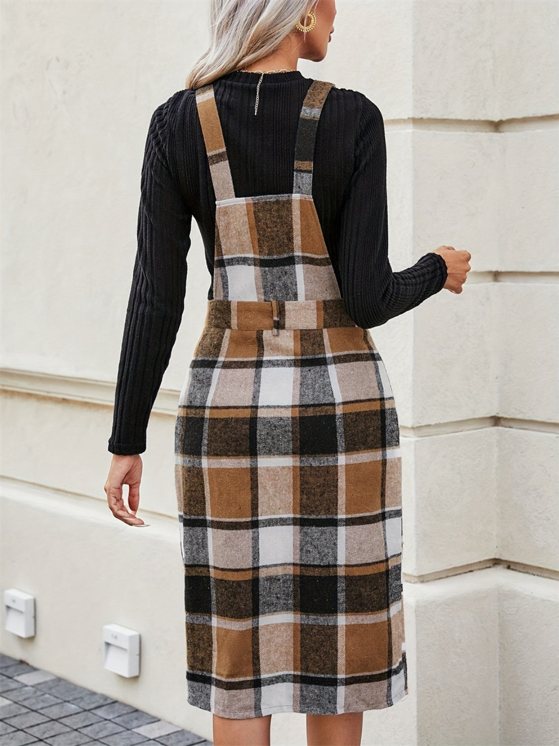 Slit Plaid Wide Strap Overall Dress Dress Trendsi   