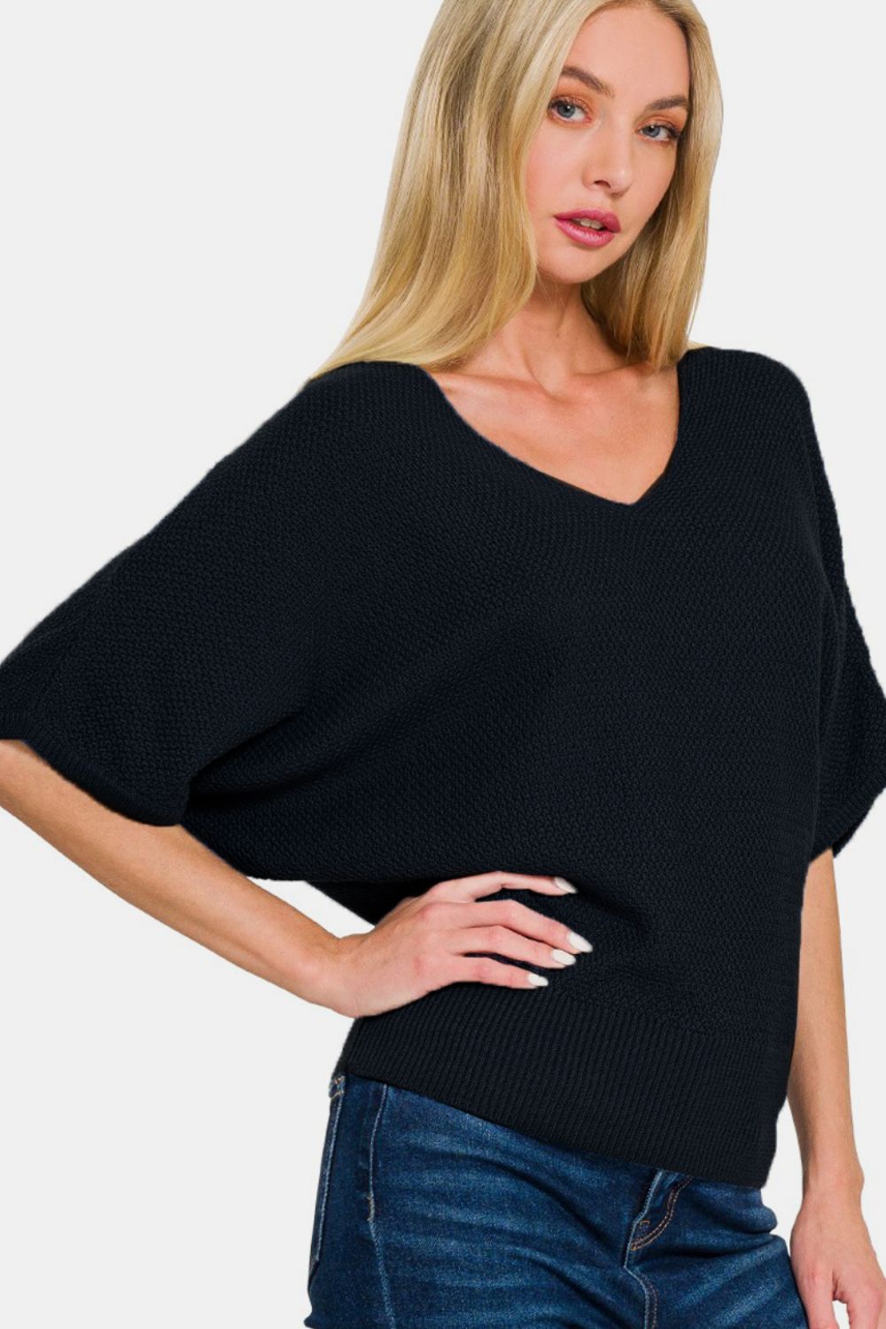 Zenana V-Neck Short Sleeve Dolman Sweater  Trendsi   