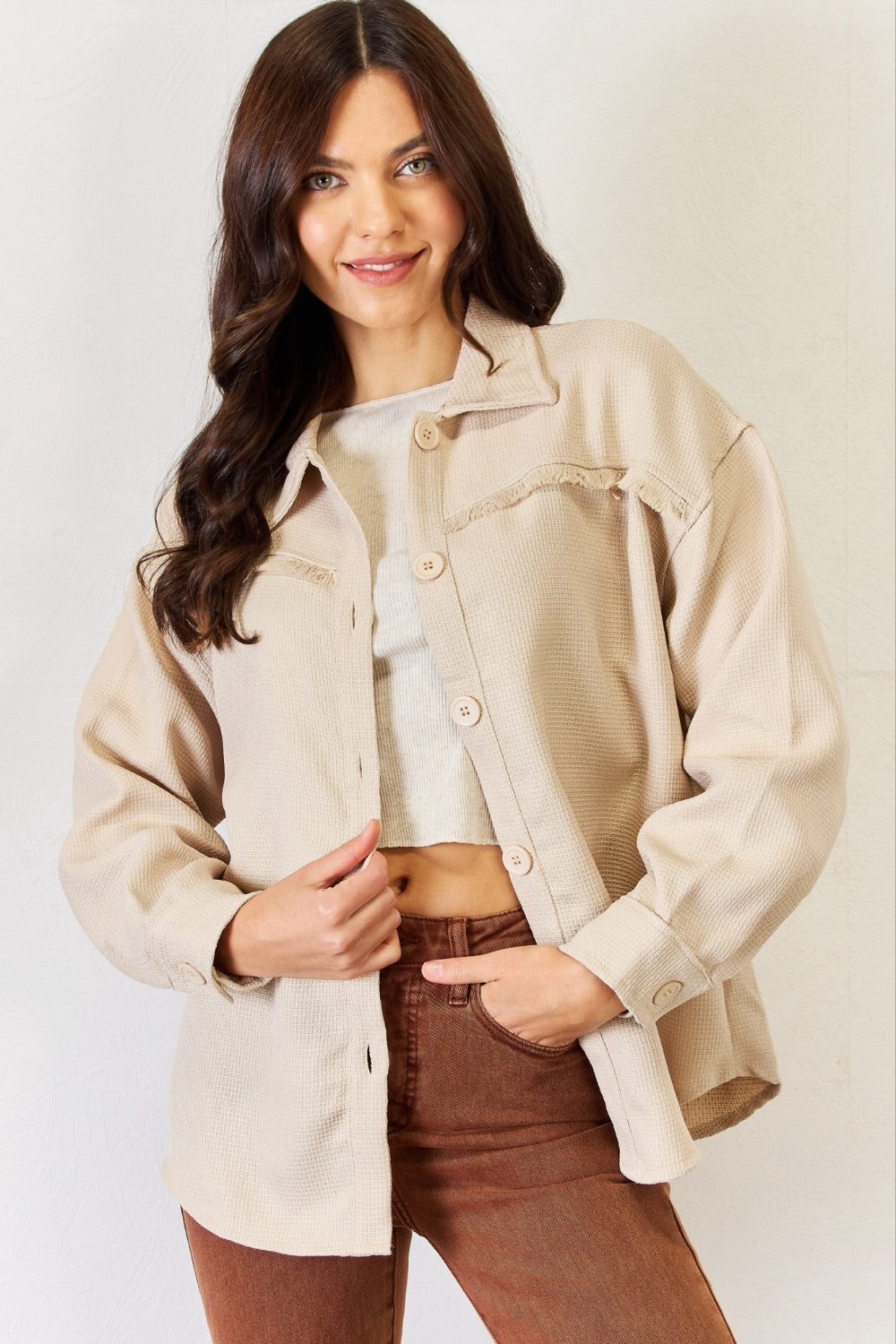 HYFVE Texture Button Down Fray Detail Shacket  Trendsi Beige S 