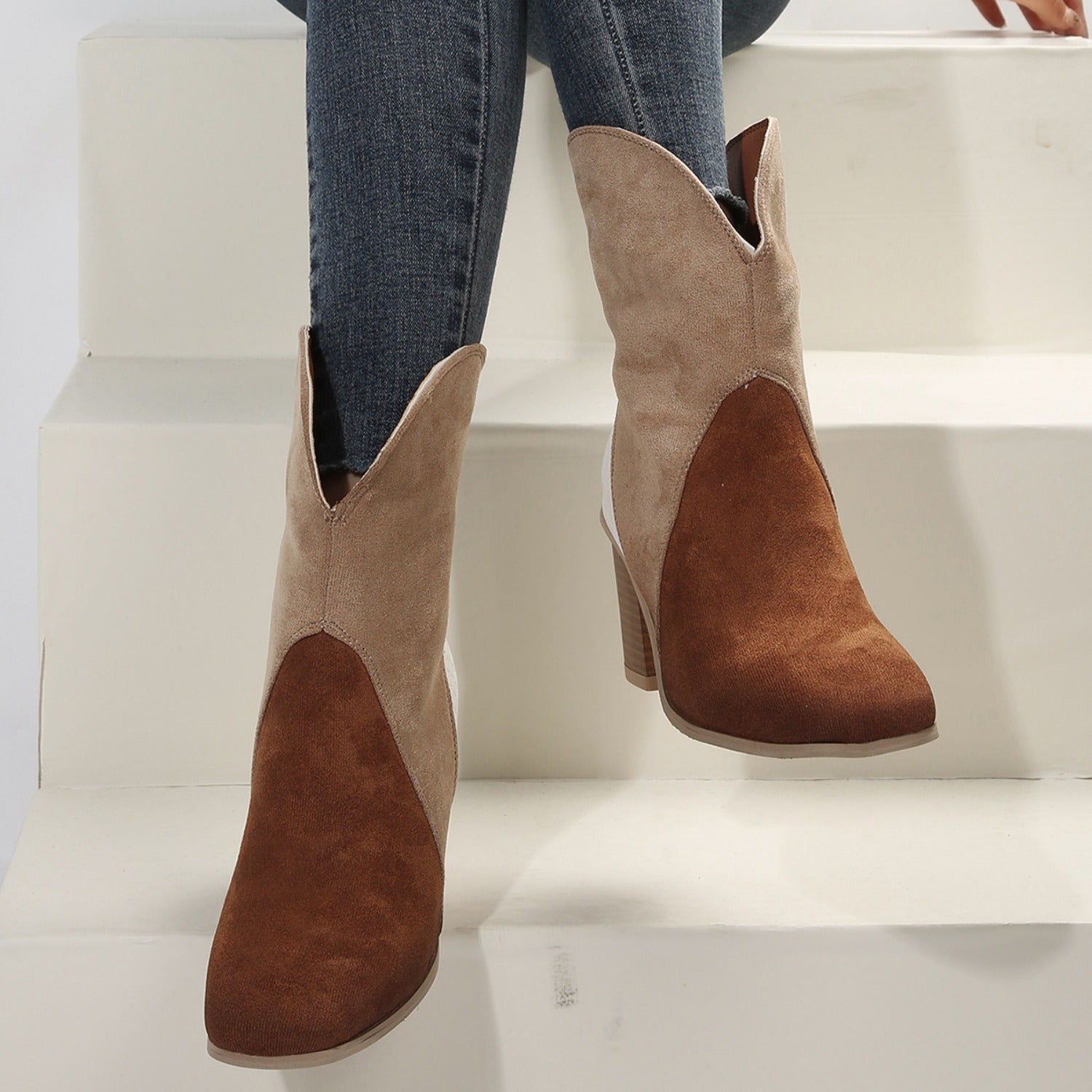 Suede Square Toe Block Heel Boots  Trendsi   