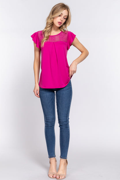 ACTIVE BASIC Ruffle Short Sleeve Lace Detail Knit Top Blouse Trendsi   