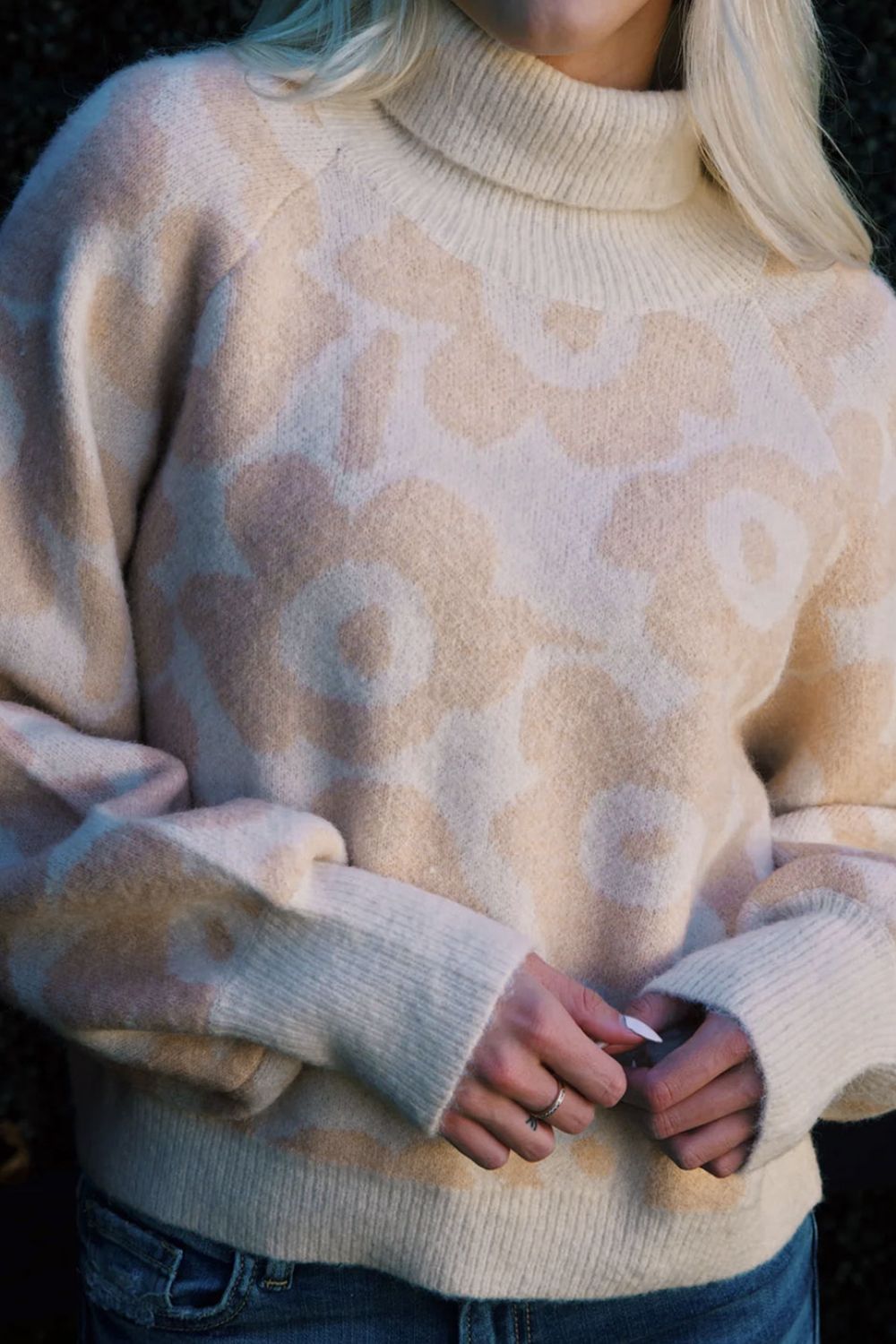 Flower Pattern Turtleneck Long Sleeve Sweater  Trendsi   