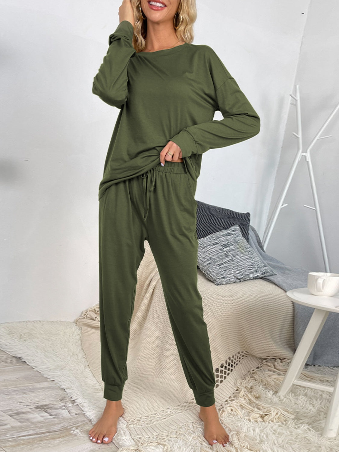 Shiny Round Neck Top and Drawstring Pants Lounge Set  Trendsi Army Green S 