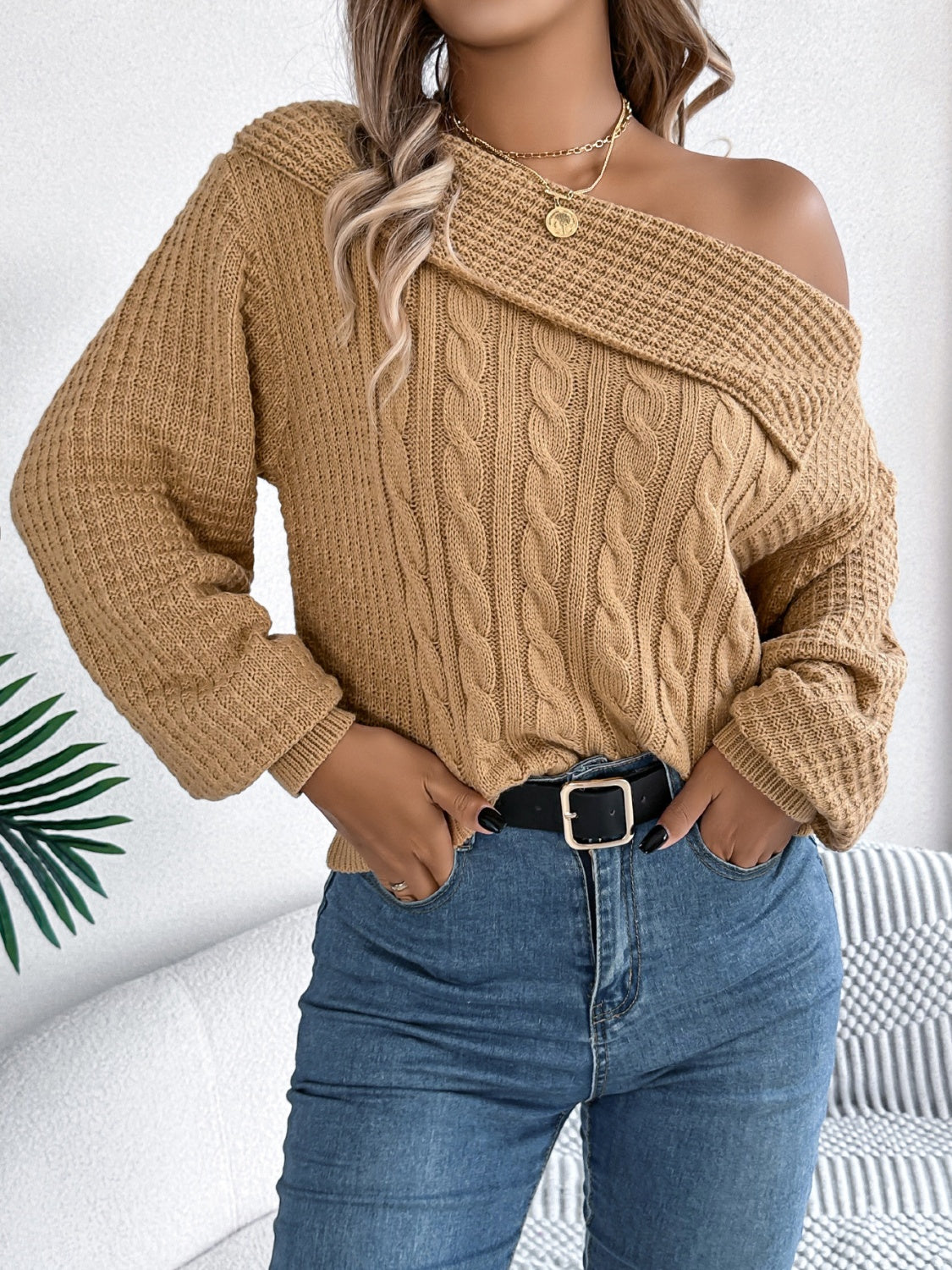 Cable-Knit One Shoulder Long Sleeve Sweater  Trendsi Camel S 