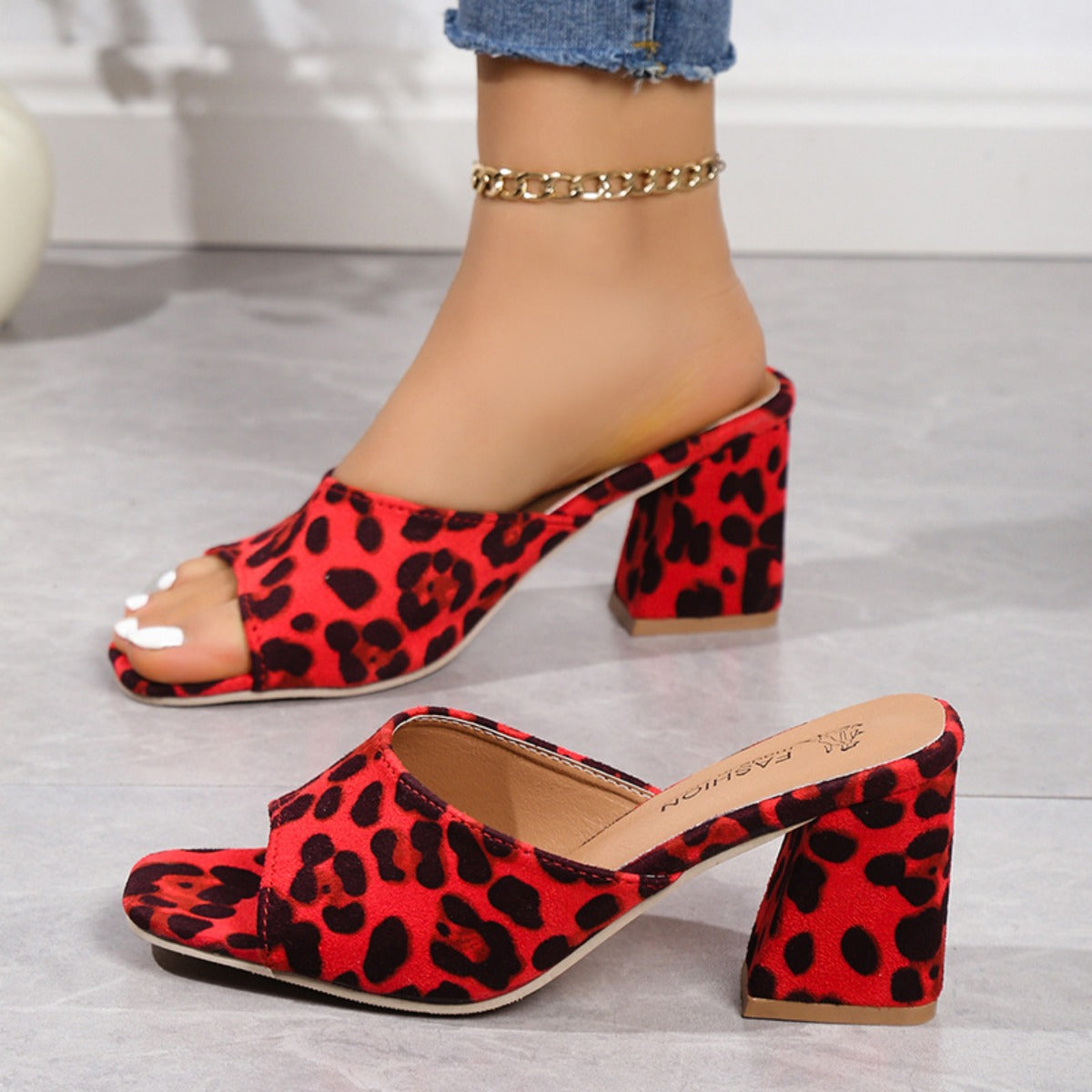 Leopard Block Heel Suede Sandals  Trendsi Deep Red 35(US4) 