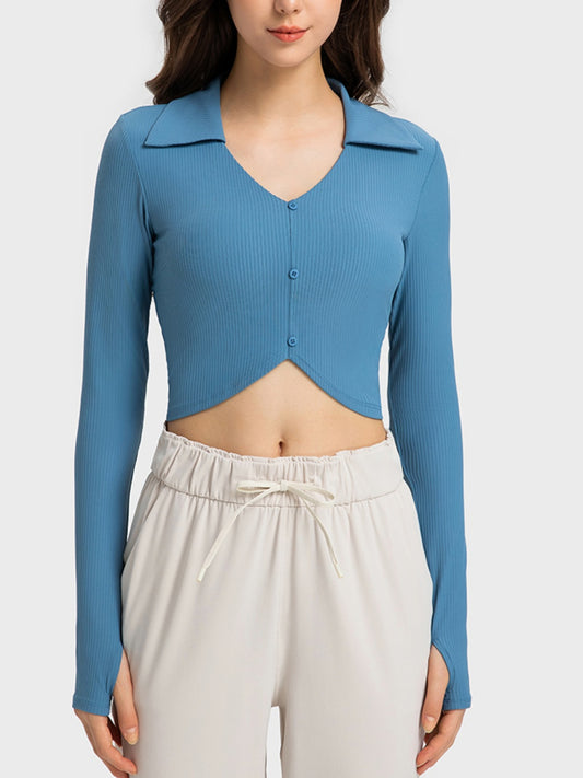 Millennia Johnny Collar Long Sleeve Sports Top  Trendsi Misty  Blue 4 