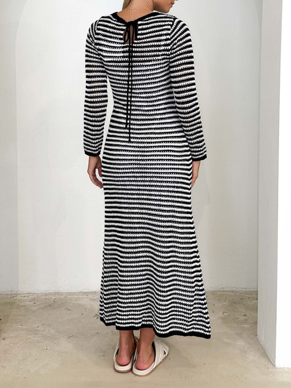 Devine Tied Round Neck Striped Sweater Dress  Trendsi   