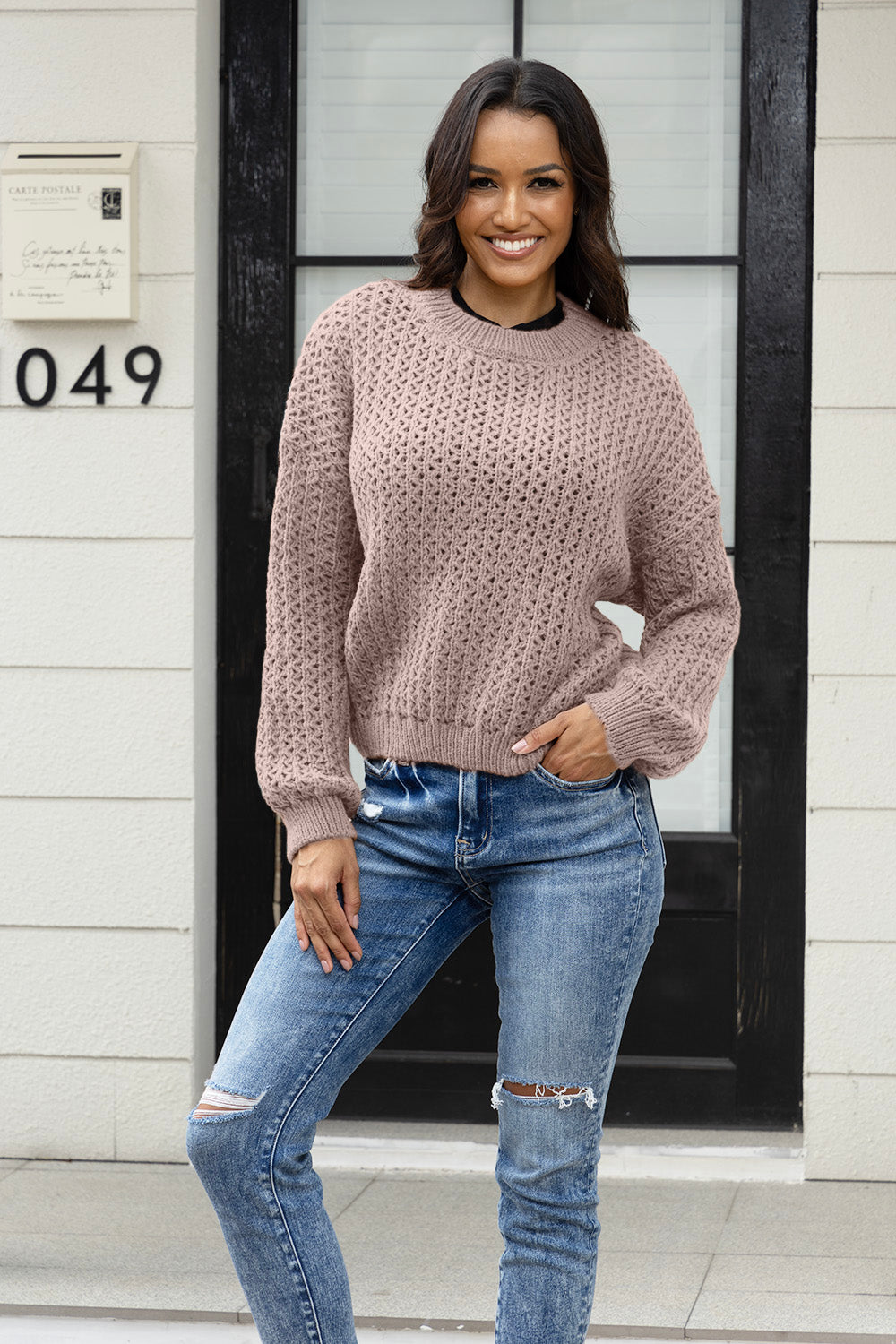 Round Neck Long Sleeve Sweater  Trendsi Dusty Pink S 