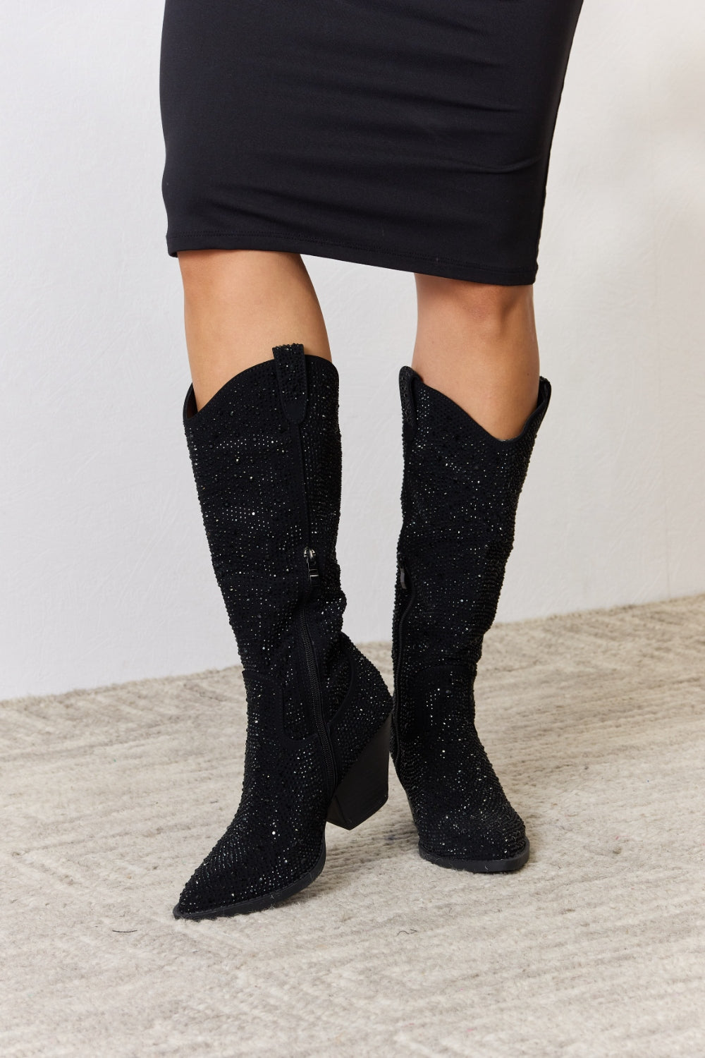 Forever Link Rhinestone Knee High Cowboy Boots  Trendsi Black 6 