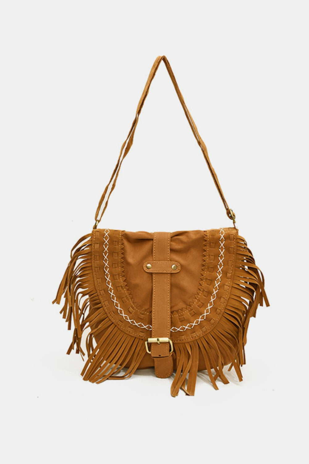 Suede Fringe Wide Strap Shoulder Bag  Trendsi Caramel One Size 