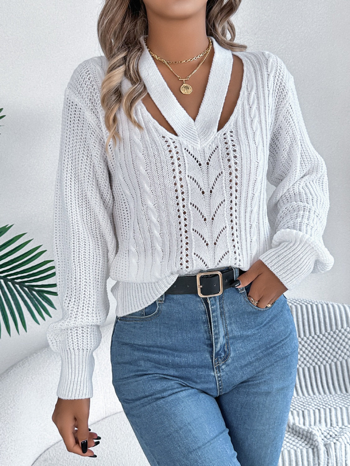 Cutout V-Neck Long Sleeve Sweater  Trendsi   