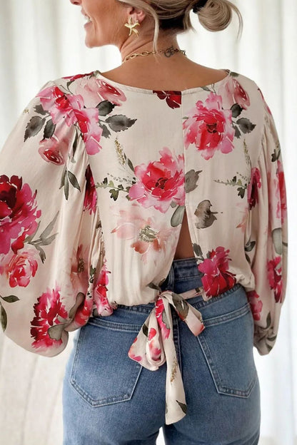 Tied Floral Round Neck Three-Quarter Sleeve Blouse Blouse Trendsi   