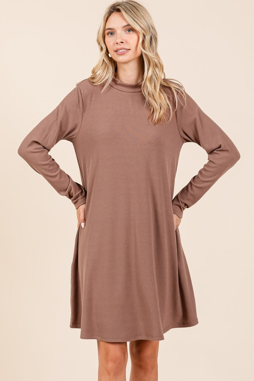 Mittoshop Mock Neck Long Sleeve Dress with Pockets  Trendsi Cocoa S 