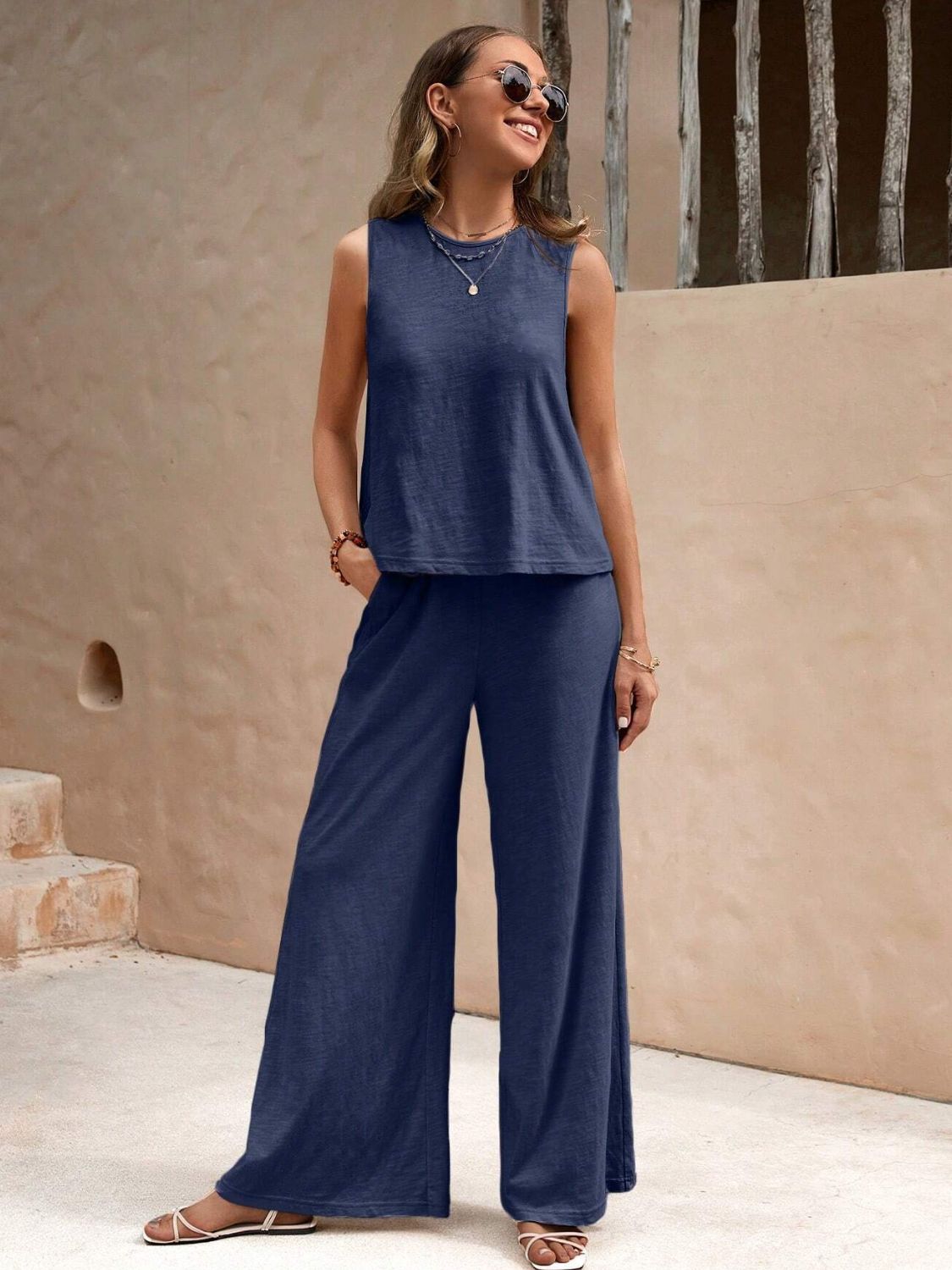 Round Neck Sleeveless Top and Wide Leg Pants Set  Trendsi   