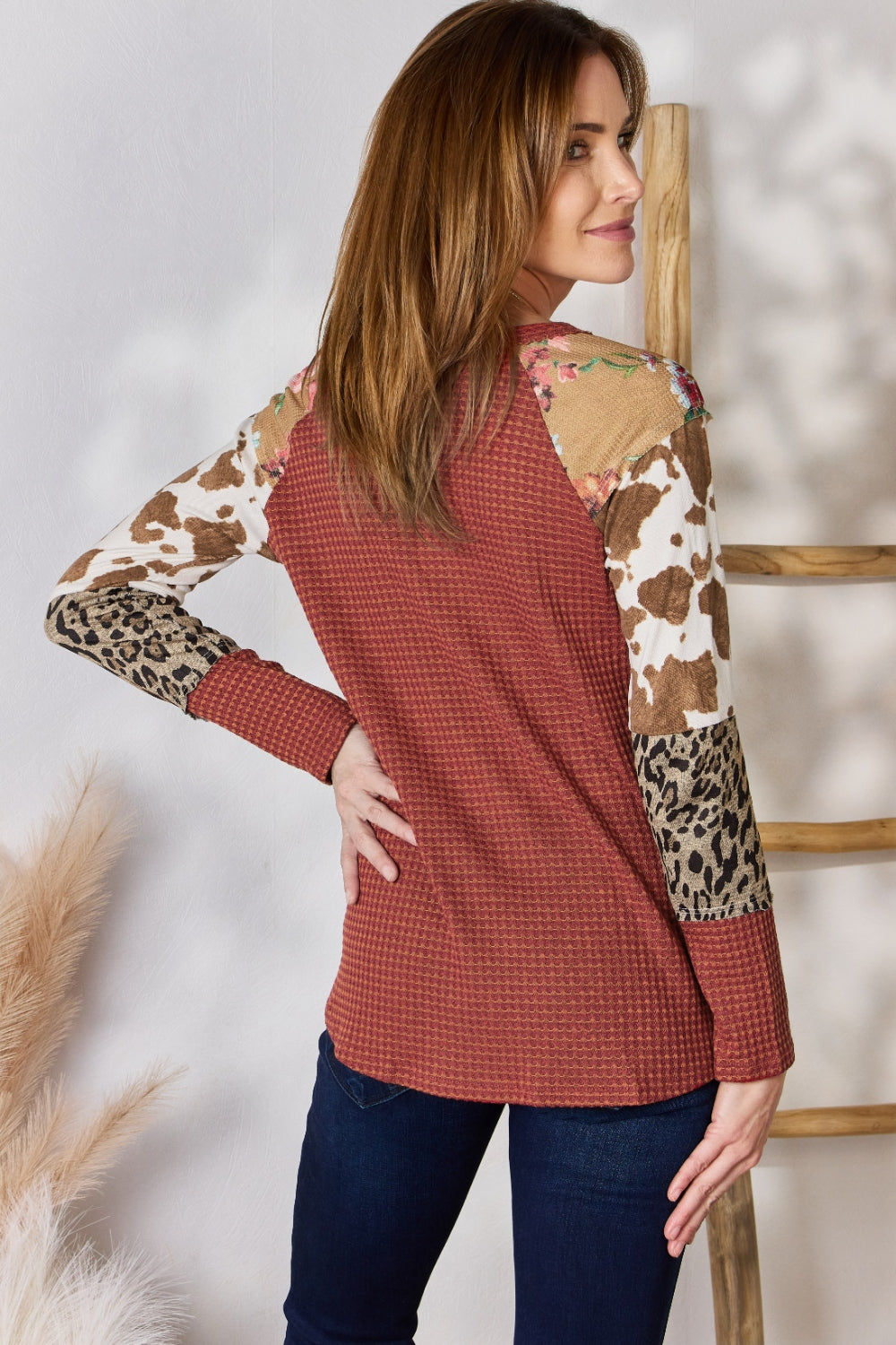 Hailey & Co Full Size Leopard Waffle-Knit Blouse  Trendsi   