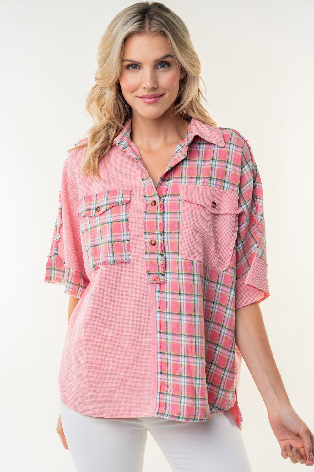 White Birch Plaid Color Block Half Button Top  Trendsi Rose S 