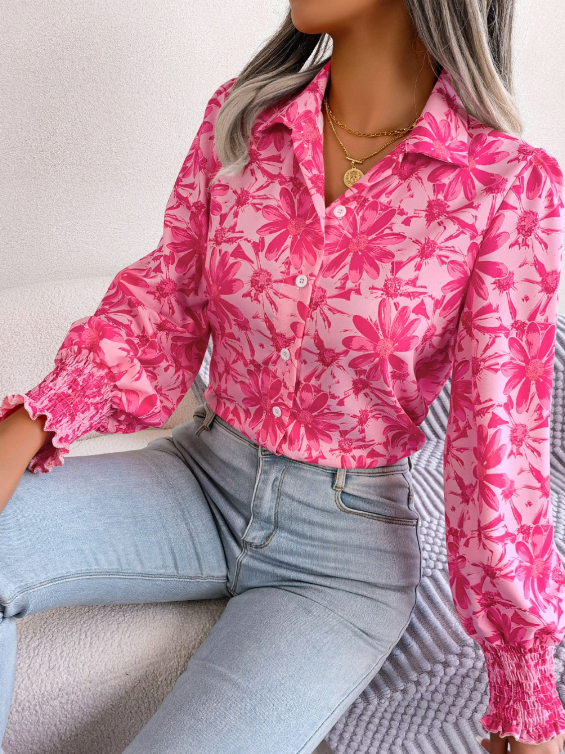 Floral Collared Neck Long Sleeve Shirt Blouse Trendsi   